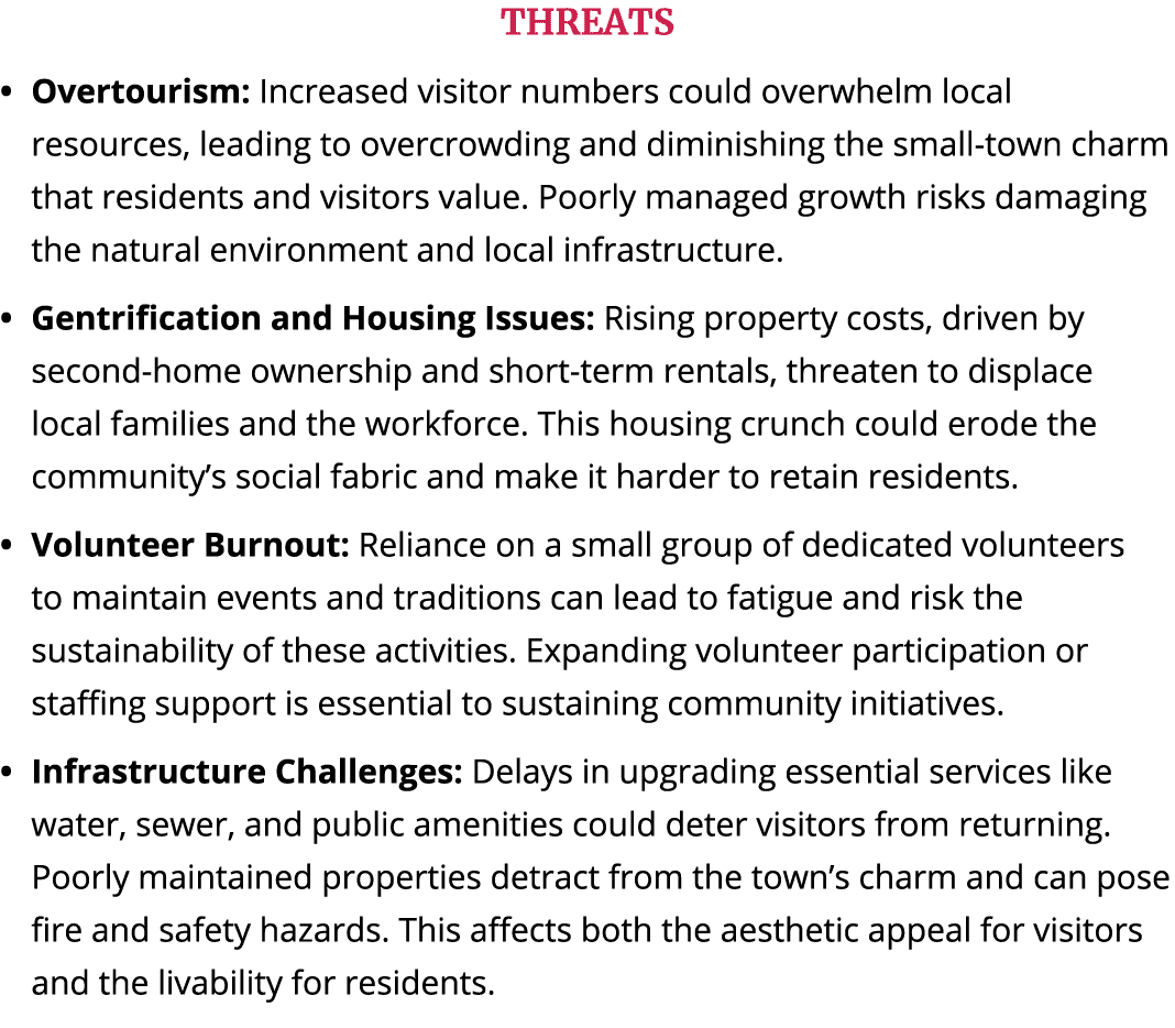 THREATS Overtourism: Increased visitor numbers could overwhelm local resources, leading to overcrowding and diminishi...