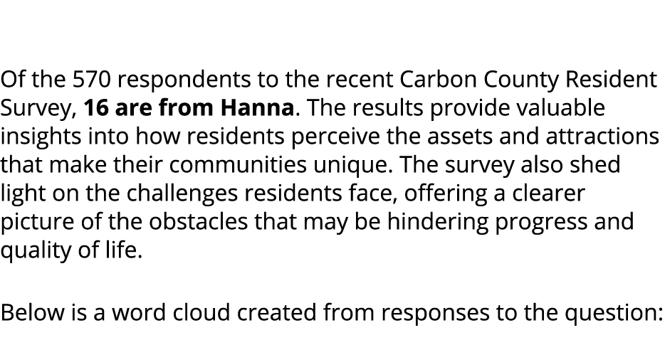  Of the 570 respondents to the recent Carbon County Resident Survey, 16 are from Hanna. The results provide valuable ...