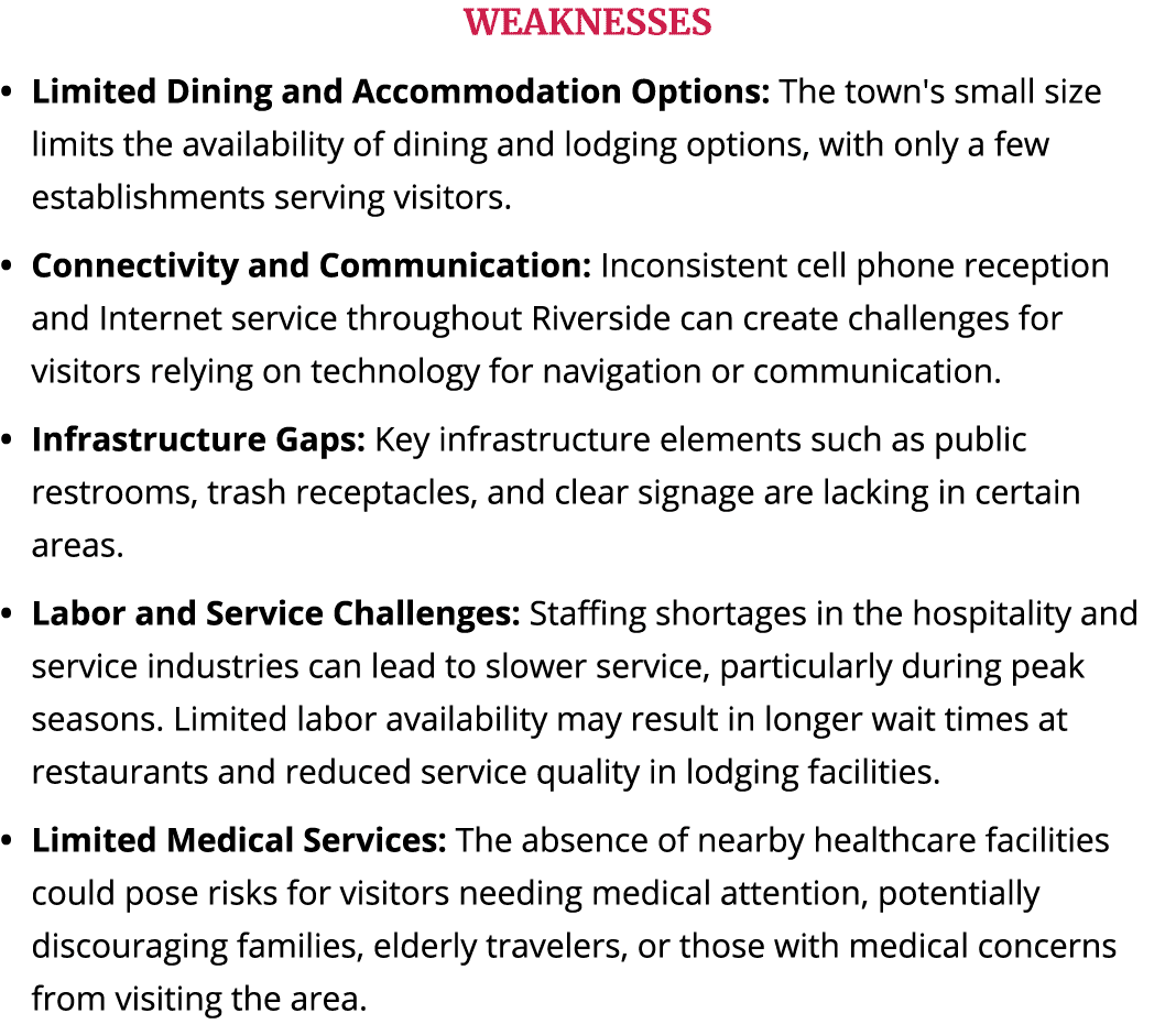 WEAKNESSES Limited Dining and Accommodation Options: The town's small size limits the availability of dining and lodg...