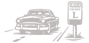 A black and white drawing of a car driving down a road with a sign that says “Lincoln Highway." AI generated content